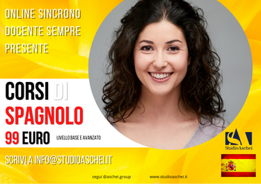 ragazza che ride su sfondo giallo per promozionale a 99 euro i corsi di spagnolo di Studio Aschei